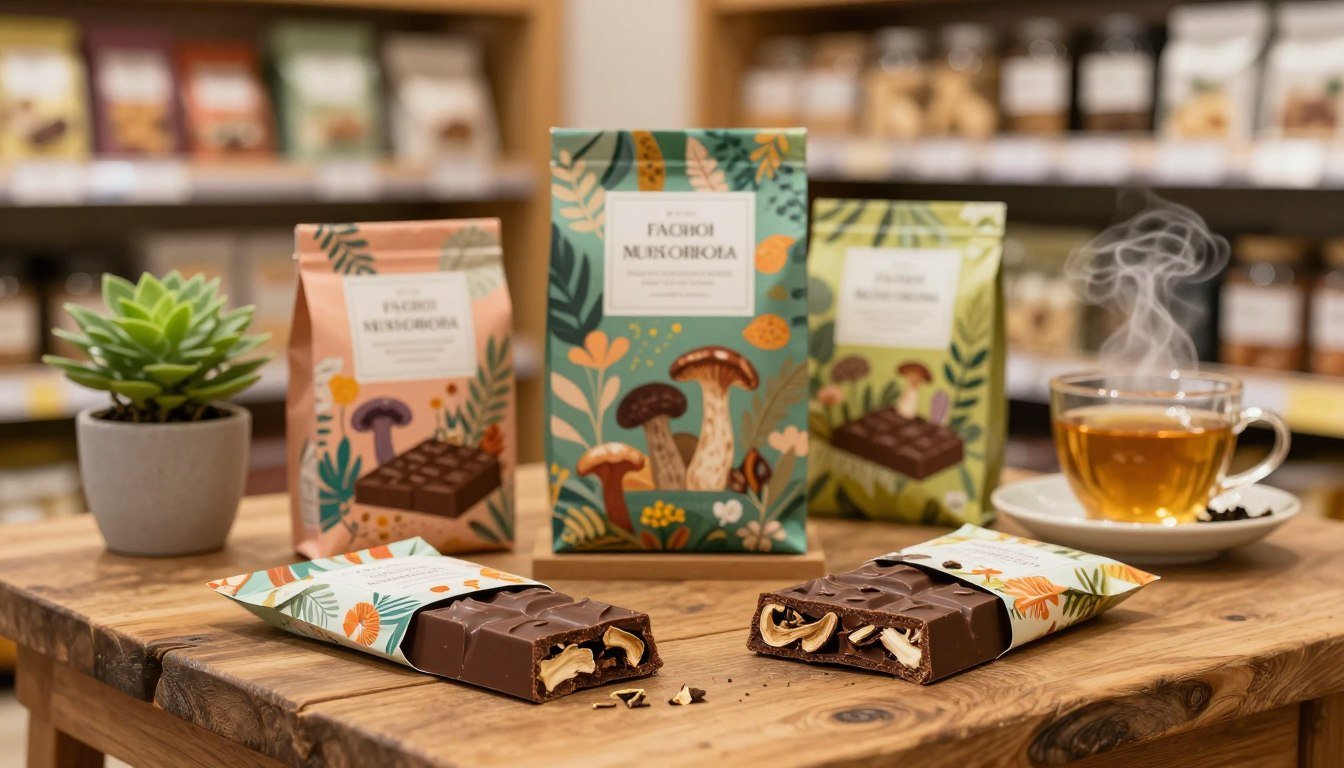 A beautifully arranged display of fusion mushroom chocolate bars, featuring vibrant packaging with floral and earthy designs. In the foreground, showcase several chocolate bars cut in half, revealing their rich, dark chocolate interior interspersed with pieces of dried mushrooms. The middle ground features a rustic wooden table with a small potted plant and a steaming cup of herbal tea to evoke a natural atmosphere. The background includes softly blurred shelves lined with various health products, emphasizing a legitimate shopping environment. Utilize warm, inviting lighting to create a cozy ambiance, with a slight focus on the chocolate bars as the main subject. Capture the scene from a slightly elevated angle to provide a comprehensive view of the arrangement while keeping the overall atmosphere inviting and authentic.