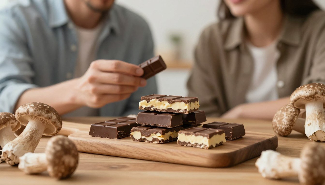 A close-up image of a stylish arrangement of fusion mushroom chocolate bars, with a focus on their unique textures and colors. The bars are displayed on a sleek, modern wooden table, surrounded by an assortment of fresh, vibrant mushrooms in the foreground, creating a natural and healthy ambiance. In the middle ground, a pair of professional-looking individuals in modest, casual clothing are examining a chocolate bar thoughtfully, reflecting a sense of curiosity about its safety and quality. The background features soft, diffused lighting that enhances the earthy tones and creates a warm atmosphere, suggesting a safe and inviting environment for exploring the product. The image is framed with a shallow depth of field to keep attention on the chocolate bars while softly blurring the background.