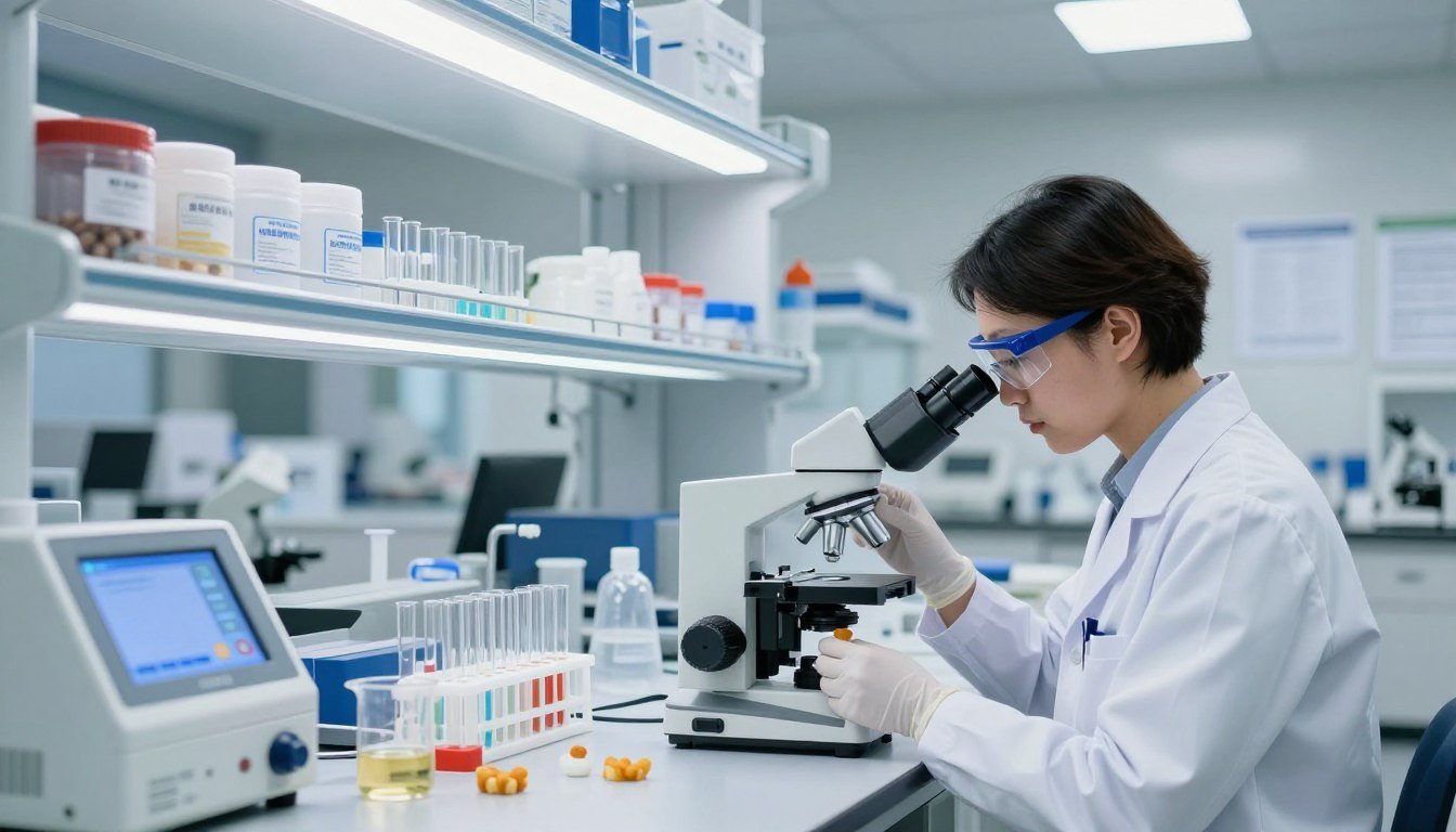 A modern quality assurance laboratory focused on testing fusion mushroom bars. In the foreground, a technician in professional business attire, wearing gloves and safety goggles, is carefully analyzing a sample under a microscope. The middle ground features neatly arranged lab equipment: test tubes, beakers, and electronic testing devices, all illuminated by bright, clean overhead LED lights. The background showcases shelves filled with labeled containers and scientific literature on safety standards. The overall atmosphere is one of precision and professionalism, emphasizing the importance of quality assurance in safe product testing. Capture this scene from a slightly elevated angle to give a comprehensive view of the laboratory environment.